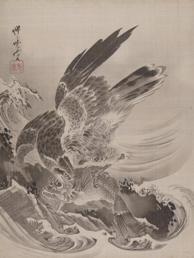 鹰攻击鱼，约。 1887年。 作者 川边京菜