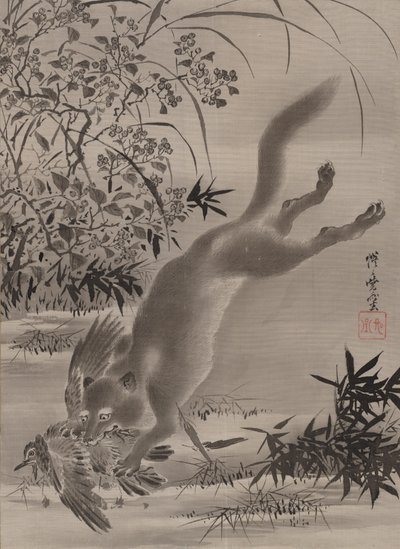 狐狸捉鸟，约。 1887年。 作者 川边京菜