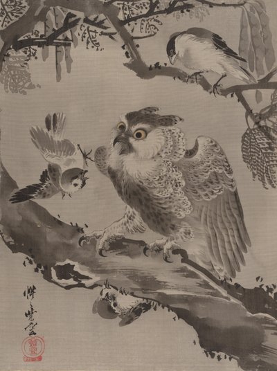 猫头鹰被小鸟嘲笑，ca。 1887年。 作者 川边京菜