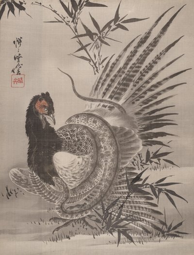 被蛇抓住的野鸡，约1887年。 作者 川边京菜
