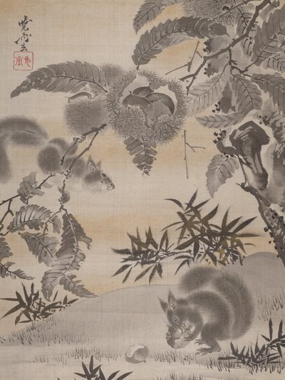松鼠聚会栗子，约。 1887年。 作者 川边京菜