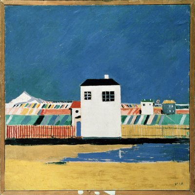 有白宫的风景。卡西米尔-塞韦里诺维奇-马列维奇（Kasimir Severinovich Malevich，马列维奇）（1878-1935 年）的画作，布面油画，约 1930 年。俄罗斯艺术，20 世纪，前卫艺术，至上主义，建构主义。俄罗斯国家博物馆、 作者 卡齐米尔·塞韦里诺维奇·马列维奇