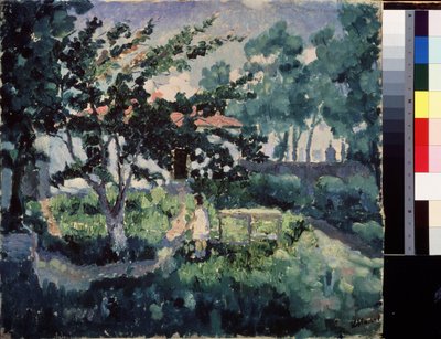 夏日庭院描绘夏日乡间小院的花园，一个孩子正在享受暑假。卡西米尔-塞维林诺维奇-马列维奇（马列维奇，Malevic）（1878-1935 年）的画作，布面油画 作者 卡齐米尔·塞韦里诺维奇·马列维奇