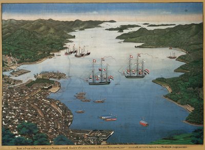 长崎湾的德岛与瓦斯科-达-伽马和约翰娜的船只在一起......，约1825年。 作者 川原敬佳