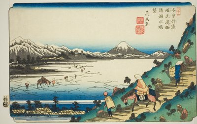 第 31 号：从塩尻山口眺望诹访湖（三条市：塩尻峠诹访之水舟），选自"[木曽道六十九站]系列"。 作者 京西铁