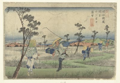 从鸿巢眺望喷泉形状的富士山。 Konosu fukiage Fuji enbo（物体上的标题） 木曾街道的车站（系列名） Kisoji eki（对象上的系列标题） 作者 竹内真八（Hoeido）