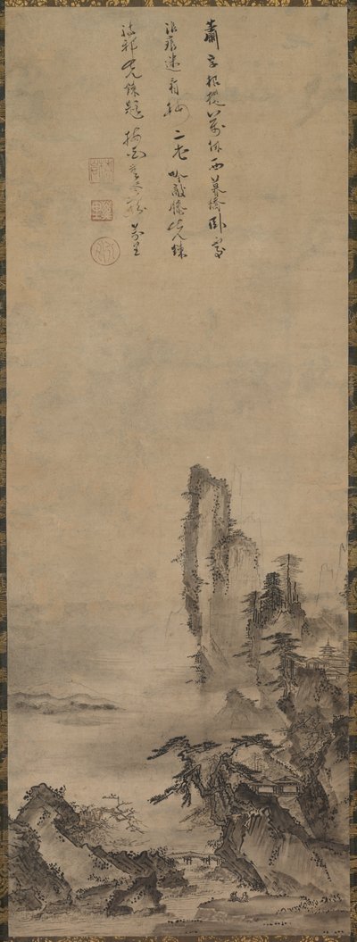 孤独的寺庙和高耸的悬崖，约1480年。 作者 正庆健子