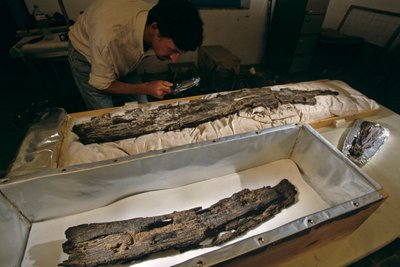 2005 年，马修-亚当斯博士在实验室检查来自埃及阿比多斯的硬木而非雪松木船板（照片） 作者 肯尼思·加勒特