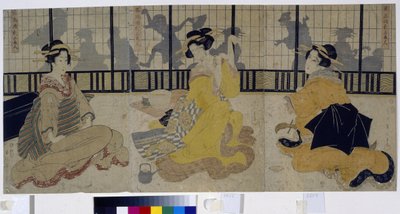 Fete des trois beautes.(三美宴）。江户时代或德川时代（1600-1868 年）的三位艺妓（艺妓、艺妓子）在茶屋（ochaya）中。菊川荣三（1787-1867 年）的作品，1814 年木刻（版画）。艺术 j 作者 菊川荣山
