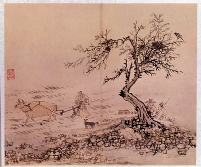 艺术核心：耕作场景。金弘道（Kim Hong Do）或丹原（1745-约 1806 年）的版画 作者 金弘道