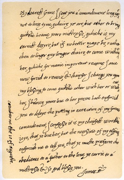 詹姆斯一世给他的儿子威尔士亲王查尔斯的信，1623年8月10日。 作者 詹姆斯一世国王