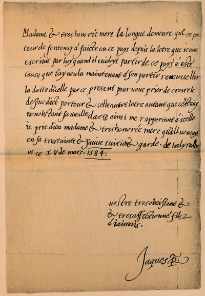 詹姆斯六世国王（1566-1625）给他的母亲玛丽皇后（1542-1587，1584-5）的信 作者 詹姆斯一世国王