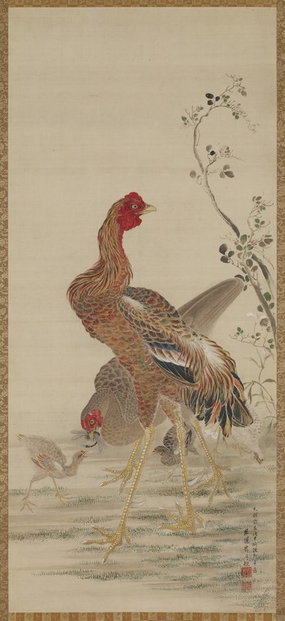 江户时代的鸡，母鸡和小鸡（丝绸上的墨水和颜色） 作者 岸氏岸