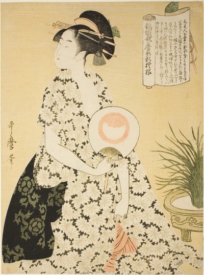 穿夏日和服的美人》，选自 "宇多麻吕式织锦新图案 "系列（"Nishiki-ori Utamaro-gata-shinmoyo") 作者 Kitagawa Utamaro
