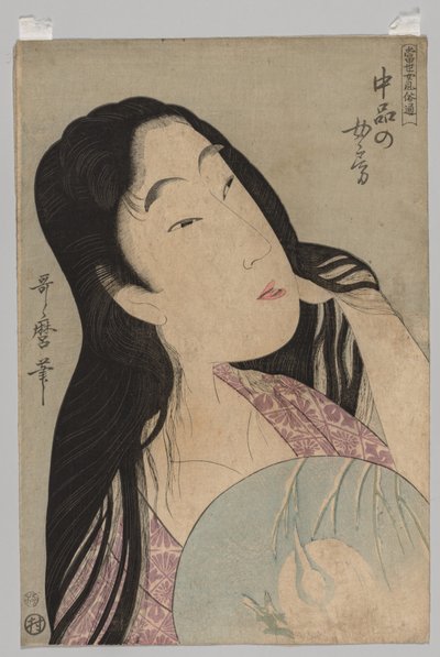 散发女子手持扇子的半身像 作者 北川宇多郎