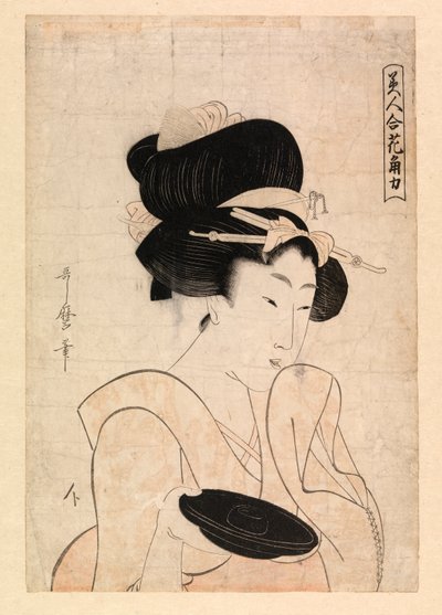 拿着清酒杯的名妓，c.1790-1806（彩色木刻） 作者 北川宇多郎