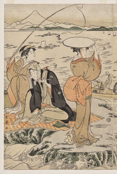 在江之岛的砧板岩钓鱼 作者 北川宇多郎