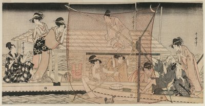 晚上在S田川捕鱼网c。 1800。 作者 北川宇多郎