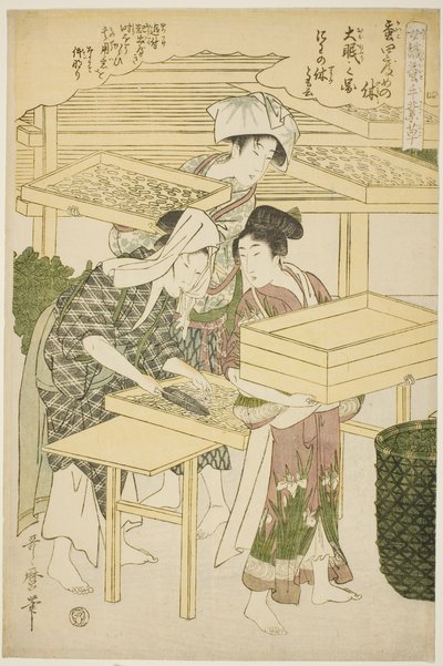 第 4 期（shi），选自 "从事蚕桑业的妇女（Joshoku kaiko tewaza-gusa）"系列 作者 北川宇多郎