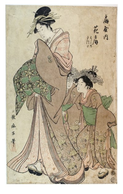 花魁与两个神室，江户时代，约 1790 年（纸面木版画） 作者 北川宇多郎