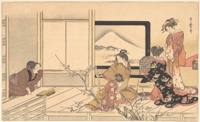 为莺鸟准备食物......，1798年。 作者 北川宇多郎