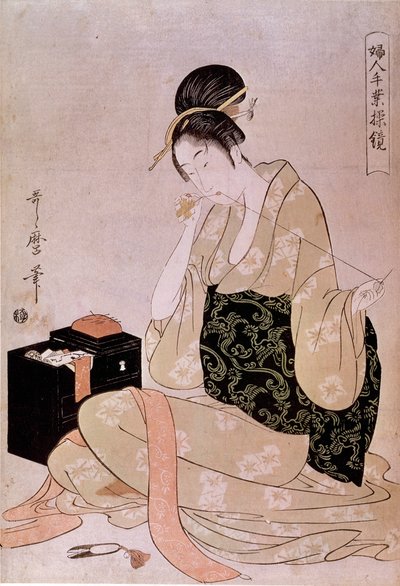 缝纫，女式手工系列：一件带有牙齿的裁缝线，日本版画，北川歌郎（1753-1806）。 暗淡。 0,37x0,26 米。 18世纪。 巴黎，吉美博物馆，亚洲艺术国家博物馆 作者 北川宇多郎