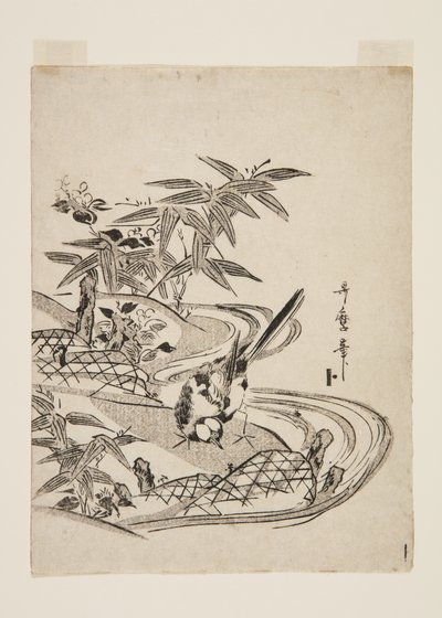 麻雀（彩色木版画 作者 北川宇多郎