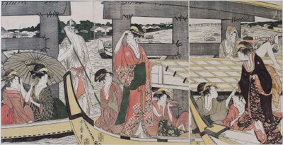 两国大桥（东京）上下 - 北川歌马郎（1753-1806）在两国大桥的顶部和下方，c。 1796 - 彩色木刻，38,2x74,6 - 私人收藏 作者 北川宇多郎