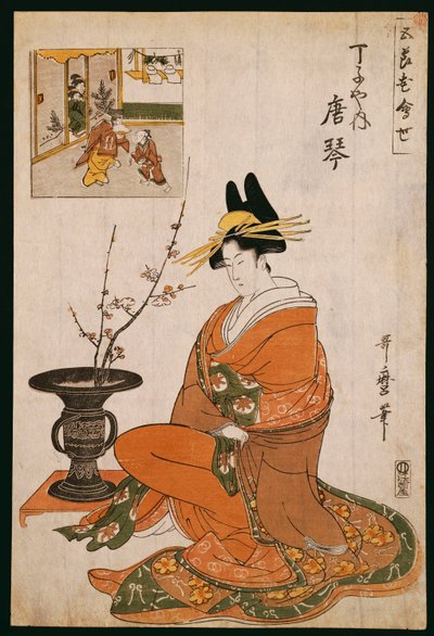 Chojiya的妓女Karakoto，坐着李子花 作者 北川宇多郎