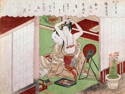 The toilet of the elegante Japanese print by Utamaro Kitagawa (1753-1806). Sun. 0,38x0,25 m. 1794-1795. Paris, Guimet Museum, National Museum of Asian Arts 作者 北川宇多郎