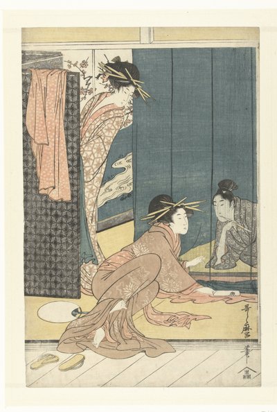 蚊帐下的两个妓女和一个年轻人 作者 北川宇多郎