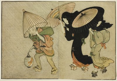 暴风雨中的两个女人和随从》，选自绘本《图画书：四季之花（Ehon shiki no hana）"，第 2 卷 作者 北川宇多郎