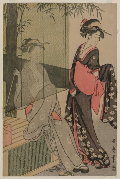 竹帘的两个女人，c。 1797或1798。 作者 北川宇多郎