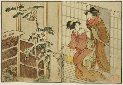 雪后清晨阳台上的两个女人》，选自绘本《图画书：四季之花（Ehon shiki no hana）"，第 2 卷 作者 北川宇多郎
