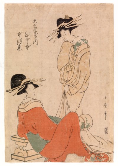 两个歌妓，约 1800-10 年（彩色木刻） 作者 北川宇多郎