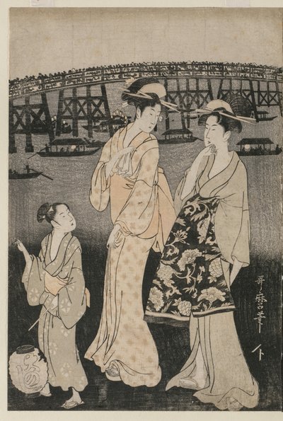 在两国桥附近享受晚间凉爽的妇女 作者 北川宇多郎