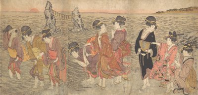 在伊势的双子岩之间祭拜旭日的妇女，18世纪末至19世纪初。 作者 北川宇多郎