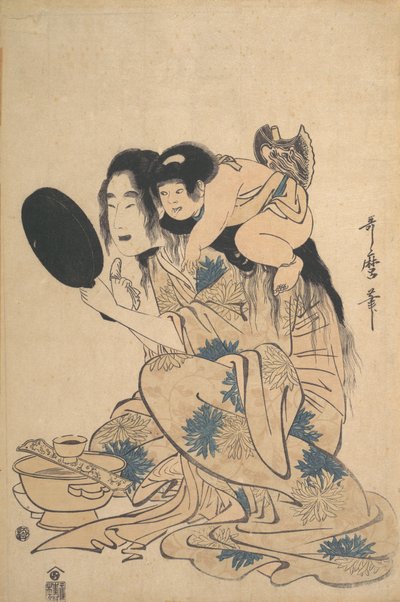 Yamauba黑化她的牙齿和Kintoki，约1795年。 作者 北川宇多郎