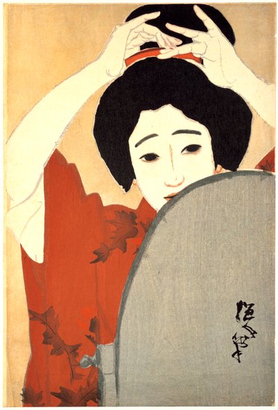 在镜子前调整头发的女人》，1930年 作者 北野常人