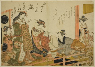 来自四梦屋的歌妓宇多川和七里，选自专辑 "吉原新美人比较--她们自己的作品之镜（Keisei shin bijin awase jikihitsu kagami）"。 作者 北尾正信