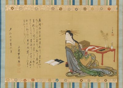 坐在写字台旁边的妓女，江户时期，1806年，6月。 作者 北尾正好