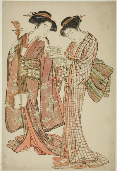 两个艺伎手持三味线和歌本 作者 北尾重正