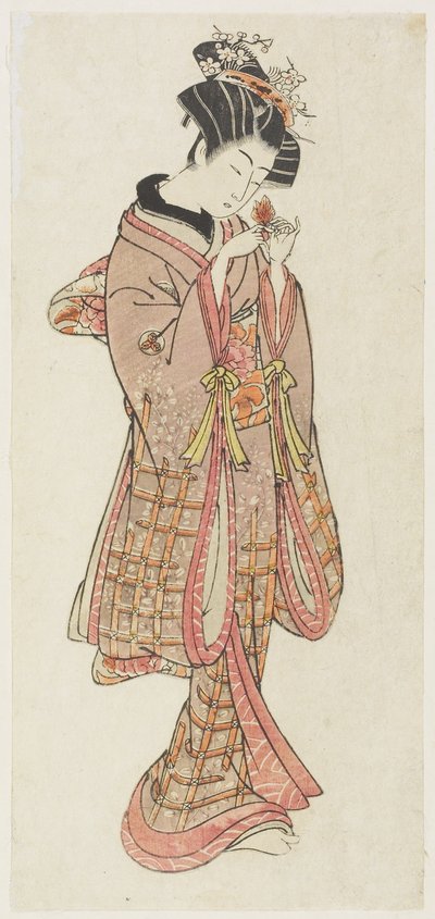 检查地面樱桃的少妇，18世纪末（颜色木刻印刷品） 作者 北尾重正