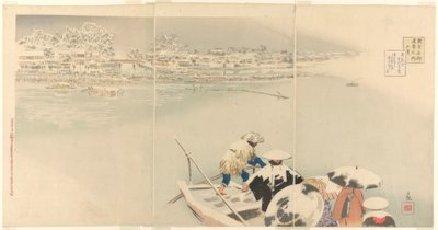 第二个月：黄昏雪中的松知山（Kisaragi, Matsuchiyama yuki no tasogare），出自《东京名胜真面目》系列（Tokyo meisho shinkei no uchi）。 作者 小林清史
