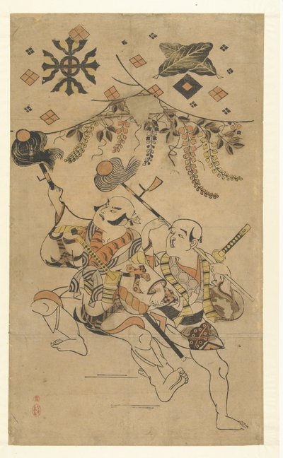 扮演夜子的演员中村传九郎一和坂东又九郎表演枪舞 作者 清信（一）、鸟居（归属于）