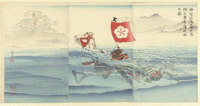 明智三之助光春游过湖面时唐崎松树的景色。
赤地三之助光晴(Akechi Samanosuke Mitsuharu kosui noriuchi Karasaki matsu no zu)。(物体上的标题） 作者 小林清一