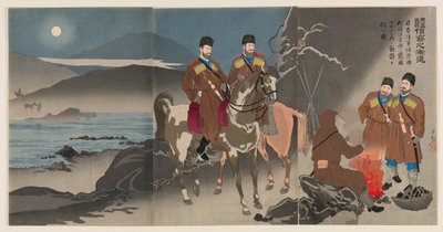 侦察兵在惩戒俄国的正义战争中逐步前进：日军侦察队在大同江对岸观察俄国哥萨克士兵的行动 作者 小林清一