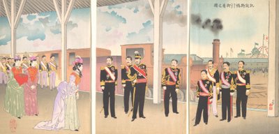 天皇抵达新桥车站的插图，跟随胜利的盖斯......，1895年。 作者 小林清一