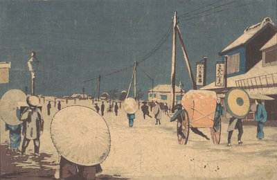 江户郊区冬季傍晚的街景，约1878年。 作者 小林清一