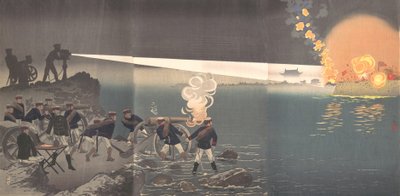 19世纪末，朝鲜平阳遭受攻击时的电灯使用情况。 作者 小林清一